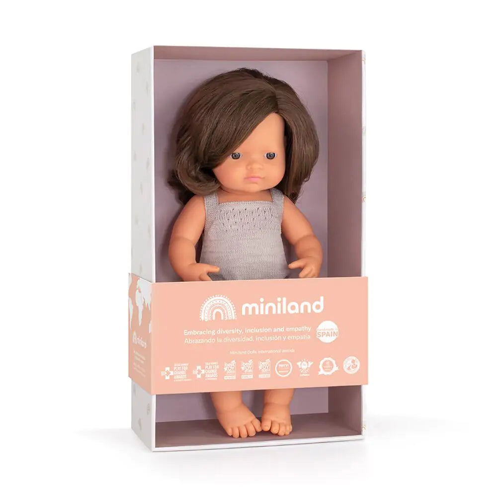 Caucasian Brunette Girl Doll with Grey Romper