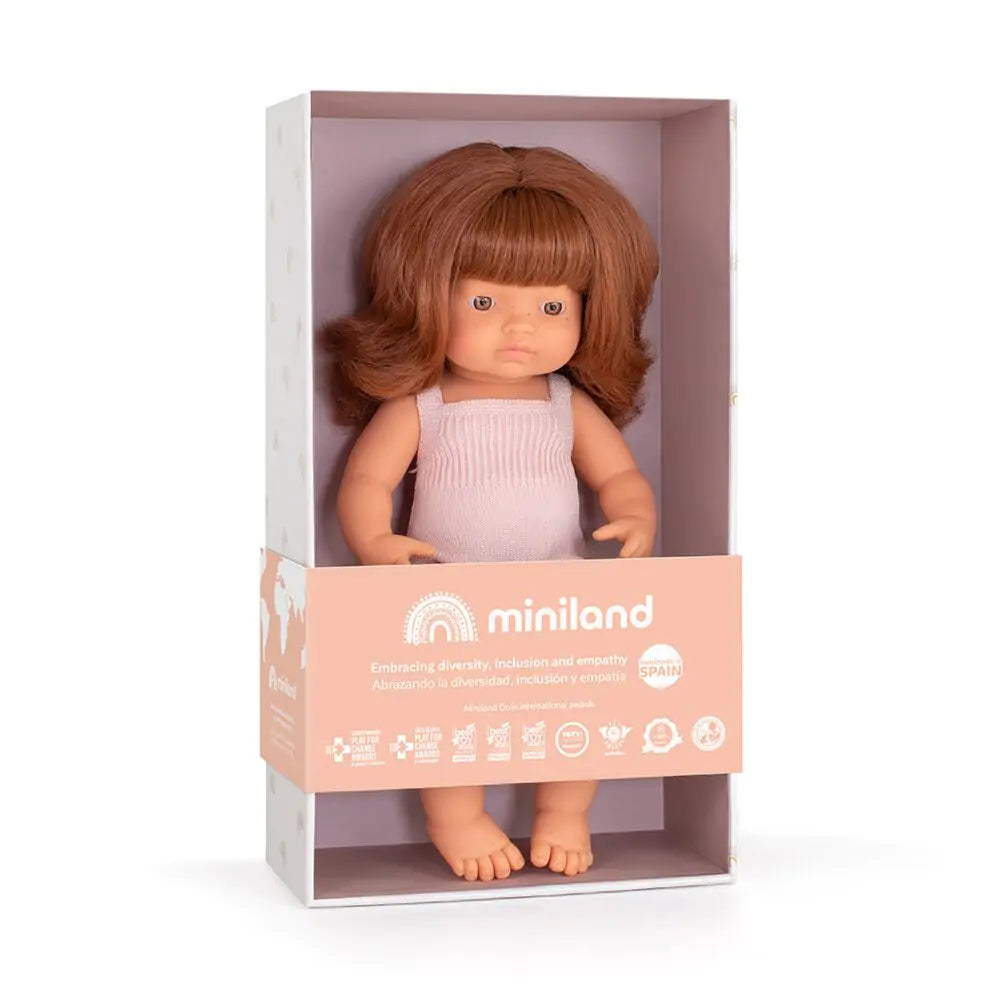 Caucasian Red Haired Girl Doll with Light Pink Romper