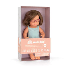 Load image into Gallery viewer, PRE ORDER Caucasian Brunette Girl Doll with DS Glasses and Romper
