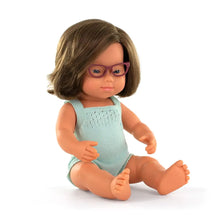 Load image into Gallery viewer, PRE ORDER Caucasian Brunette Girl Doll with DS Glasses and Romper
